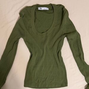 Zara Khaki Green Long Sleeve Ribbed Top